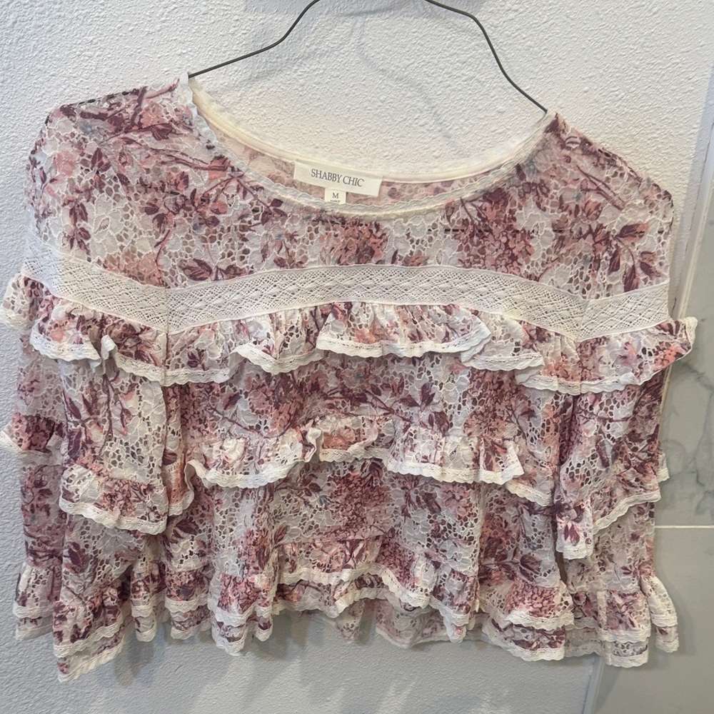 Shabby Chic Ruffled Floral Blouse - Pink and White
